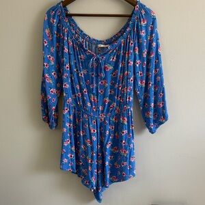 Mi Ami Blue Floral Romper Boho Peasant‎ Tie Neck Long Sleeve L